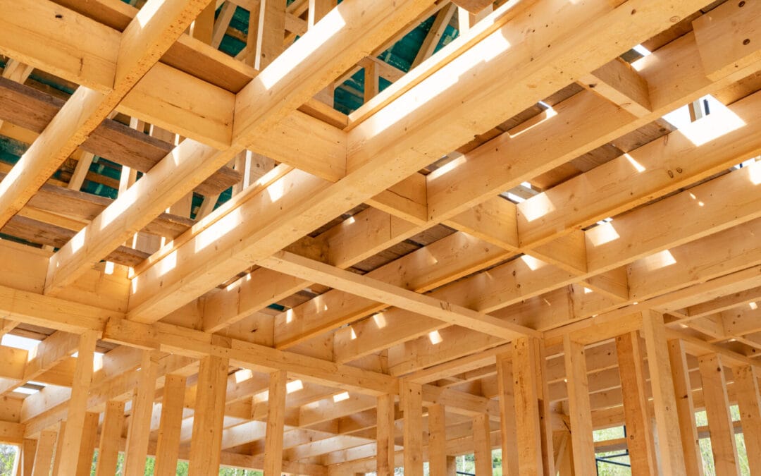 Interior frame of new wooden house under construction